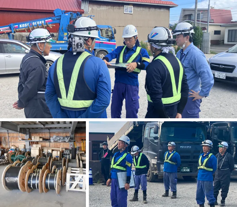 朝礼の様子や工事資機材の写真